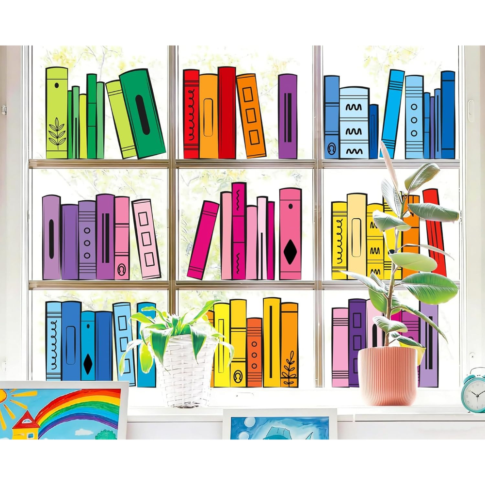 Image of 9 Sheets Back To School Window Clings Colorful Bookshelf Window Decal Books Glass Sticker For First Day Of School Decor