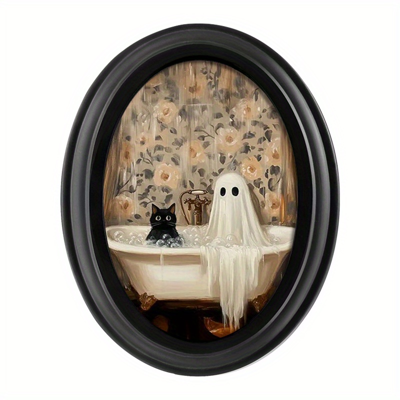 1pc vintage   cat in bathtub wall art 5x7 inch artificial wood oval photo frame halloween christmas thanksgiving home decor no batteries needed perfect gift