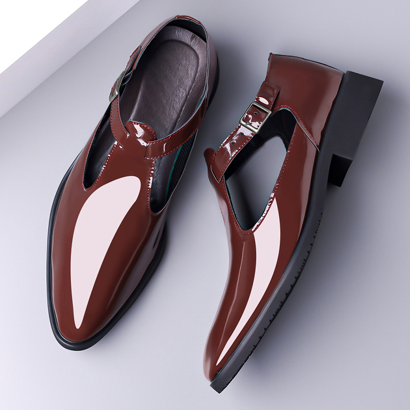 Men's Glossy Patent Dress Shoes with Breathable Cut-Out Design - Slip-On Closure, Comfortable Rubber Sole & PU Lining - Black Low-Top Formal & Casual Footwear