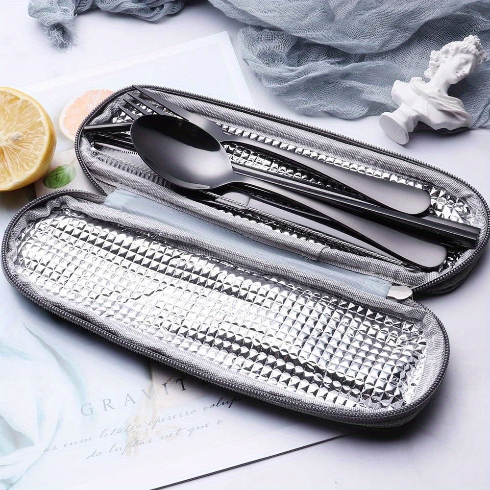 portable stainless steel flatware set travel camping cutlery portable utensil silverware dinnerware set with a case black Product details 2