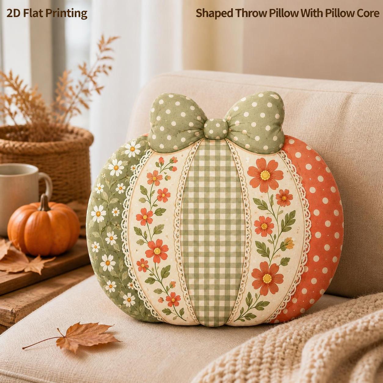 TEMU Coussin décoratif de citrouille patchwork florale avec nœud, cadeau pour de , impression plate 2D, coussin de décoration pour chambre à coucher,