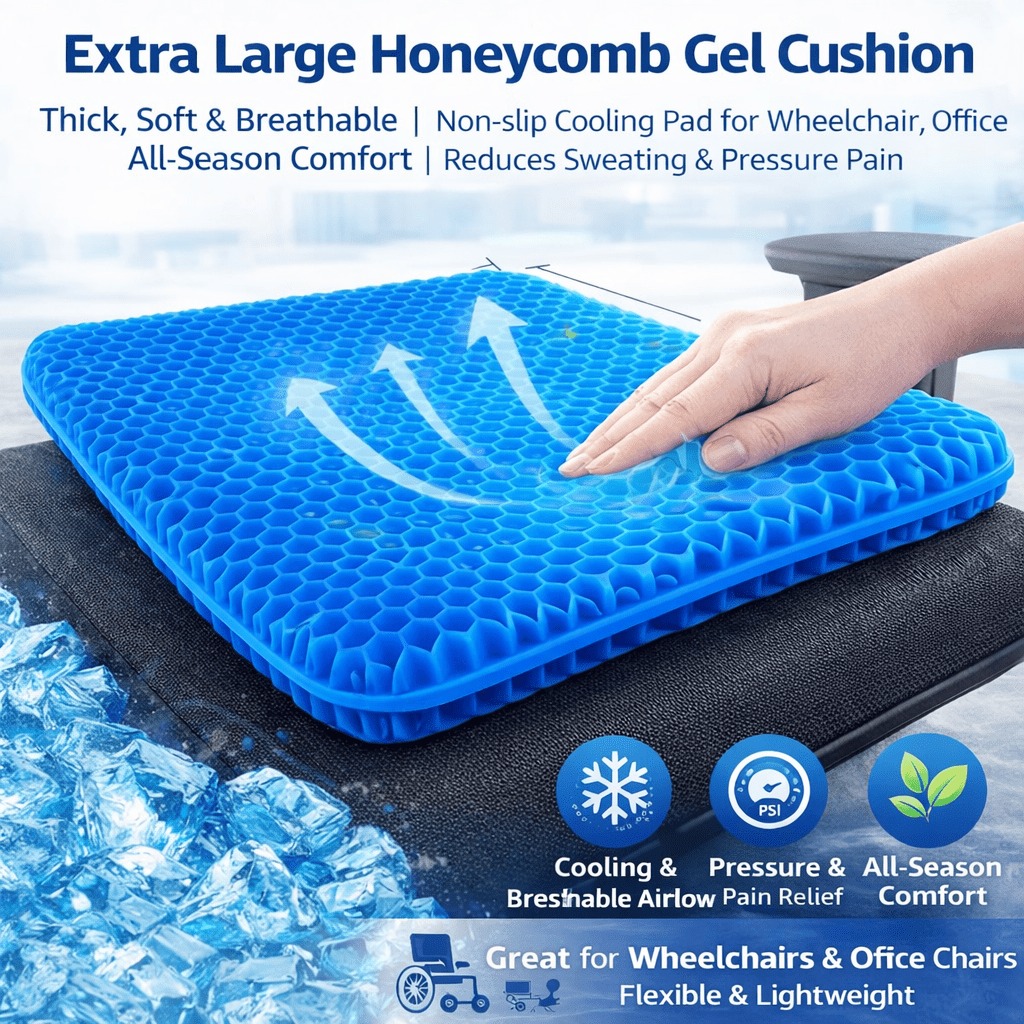 extra large gel honeycomb seat cushion thickened soft breathable non slip cooling pad suitable for wheelchairs office reduces sweating and pressure pain   lightweight adjustable year round   breathable