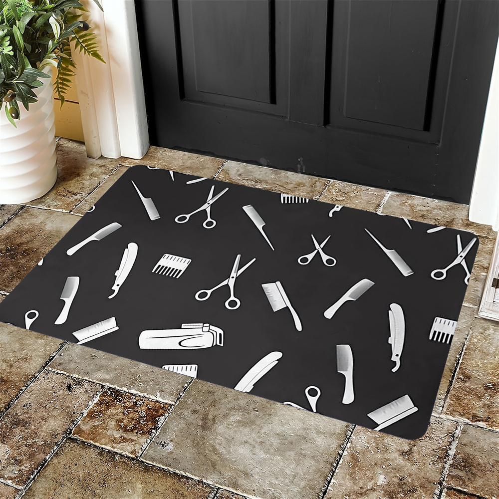 TEMU 1pc Tapis de Porte Extérieur à Motif Ciseaux et Peigne Imprimé, Tapis Décoratif en Flanelle, Adapté pour Entrée Intérieure/Extérieure, Salon,