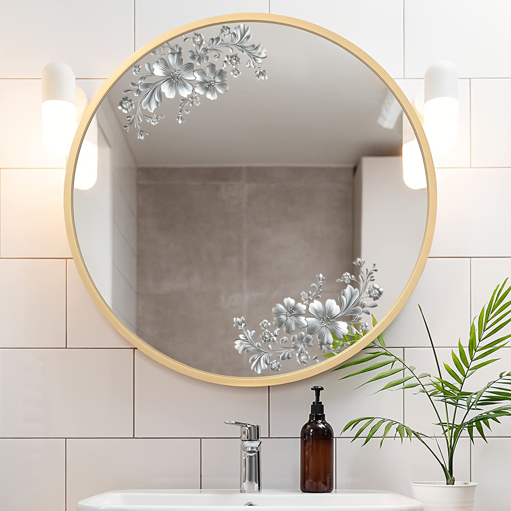 1pc Silvery Floral Glass Sticker Easily An , Style To Bathroom Mirror Glass