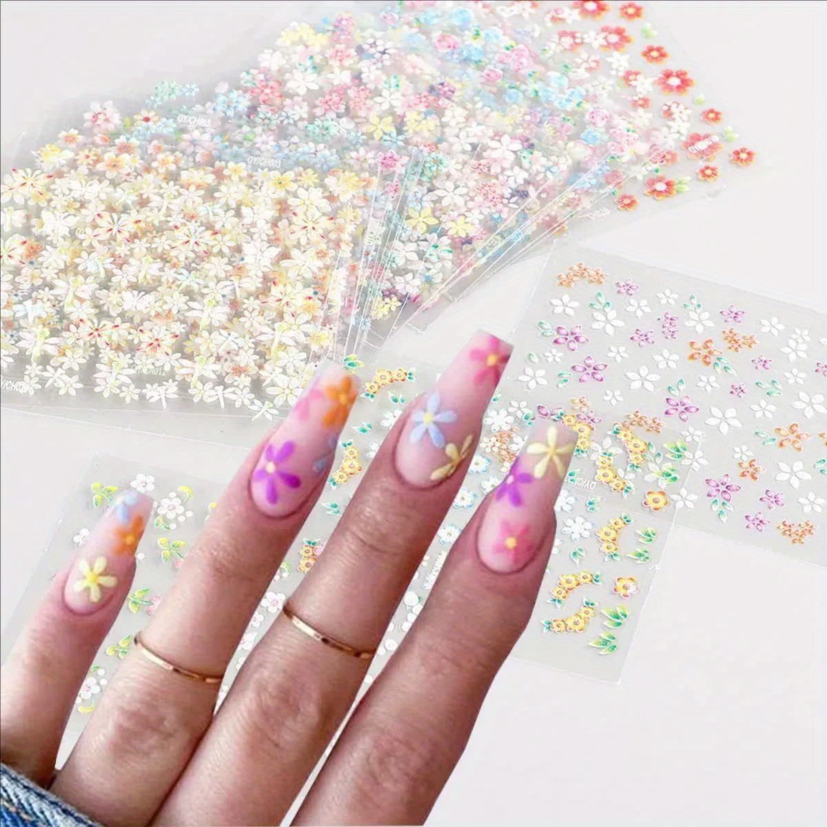 Image of Random Flower Nail Art Stickers Decals Colorful Flower Nail Stickers 3d Self Adhesive Cute Daisy Floral Nail Decals Heart Nail Supplies Nail Art Accessories For Women And
