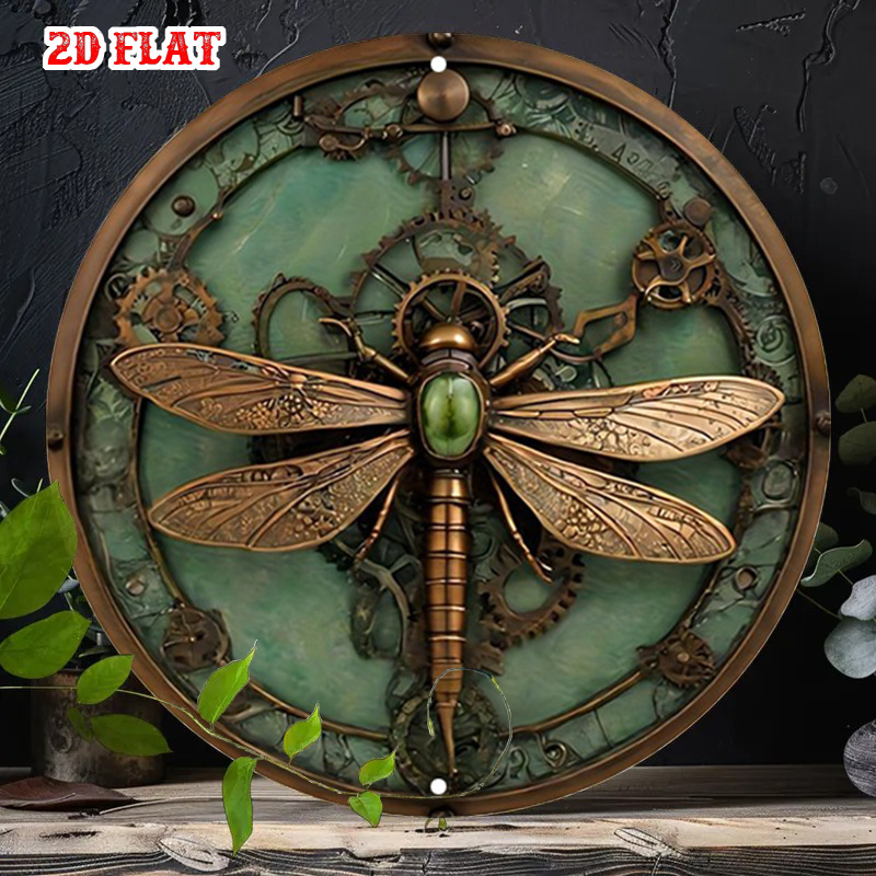 Image of 2d Flat, 1pc Vintage Steampunk Dragonfly Metal Wall Art - Rustic Round Aluminum Sign Suitable For Home, Garage, Dining Room, Cafe - Decorative Sign, 2d Flat halloween Christmas Decoration