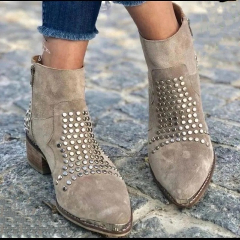 TEMU remaches para mujer, punta de metal, cremallera lateral, tacón , botas occidentales para rodeo, conjunto diario, zapatos de mujer