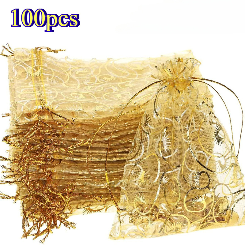 100pcs Organza Drawstring Bags - Chiffon Pouches For Wedding, Birthday Party Favors And Gift Wrapping With Decorative Ribbon - Holiday Themed Multipurpose Fabric Bags