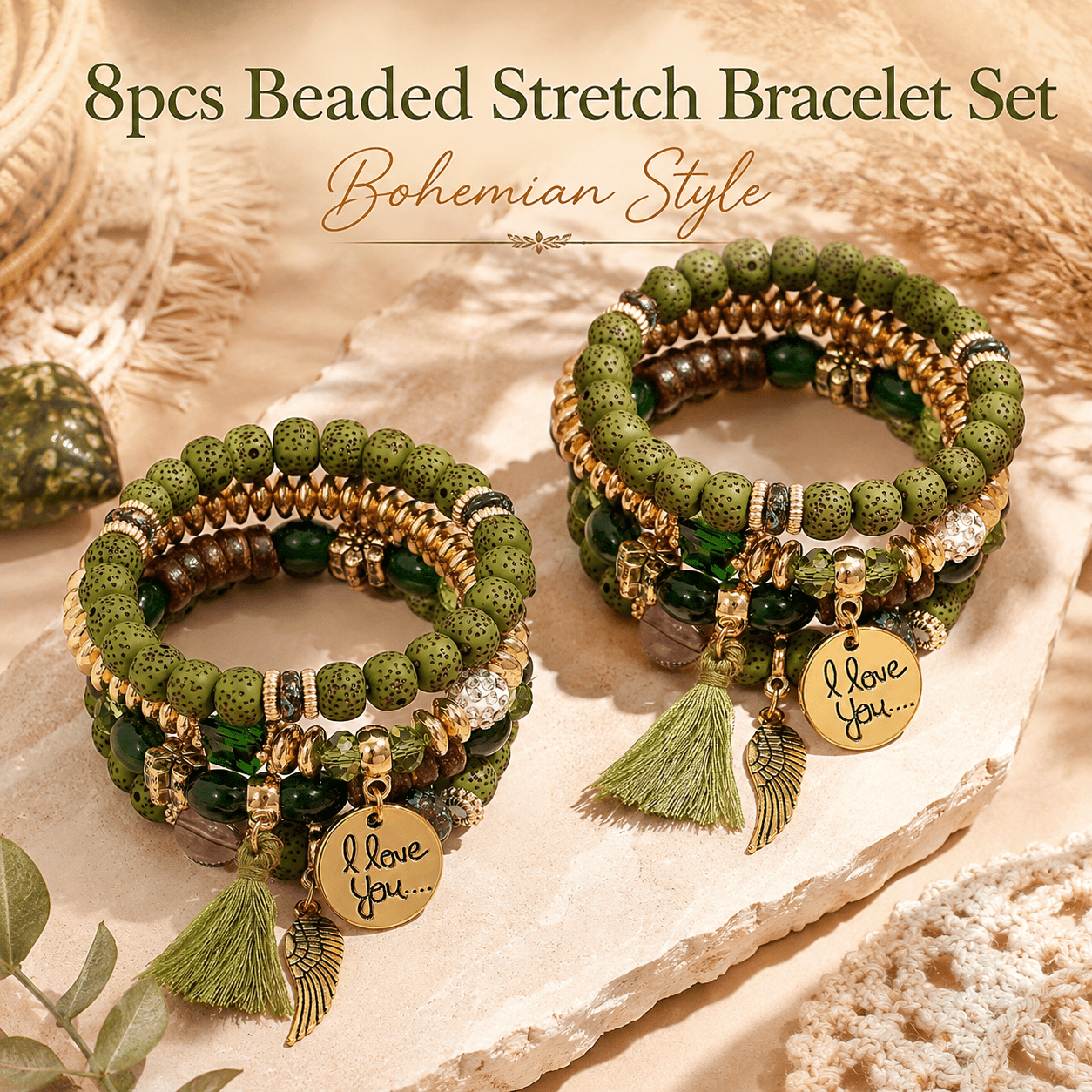 TEMU 8pcs Women's Bohemian Green Tassel Wing Round Letter "i Love You" Pendant Set With Green Acrylic Beaded Stretch Bracelets, For Daily Wear,