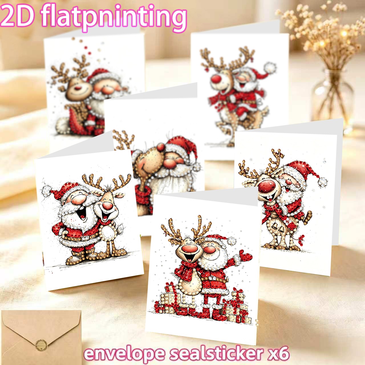 TEMU New 6pcs 2d Flat Diy Diamond Painting Greeting Cards - Cute Reindeer Santa Claus Series, Design. Diy Round Rhinestone Painting Card Handmade Kit