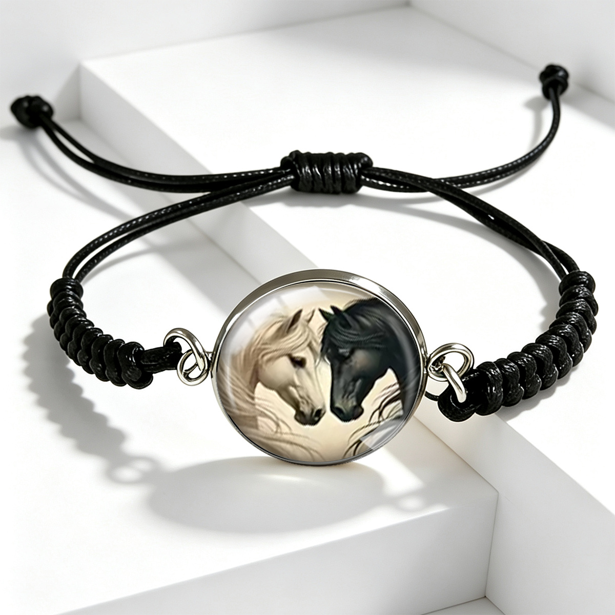 TEMU 1pc Pulsera Unisex Ajustable de Vidrio con Artístico de de Caballo y Negro Tejida
