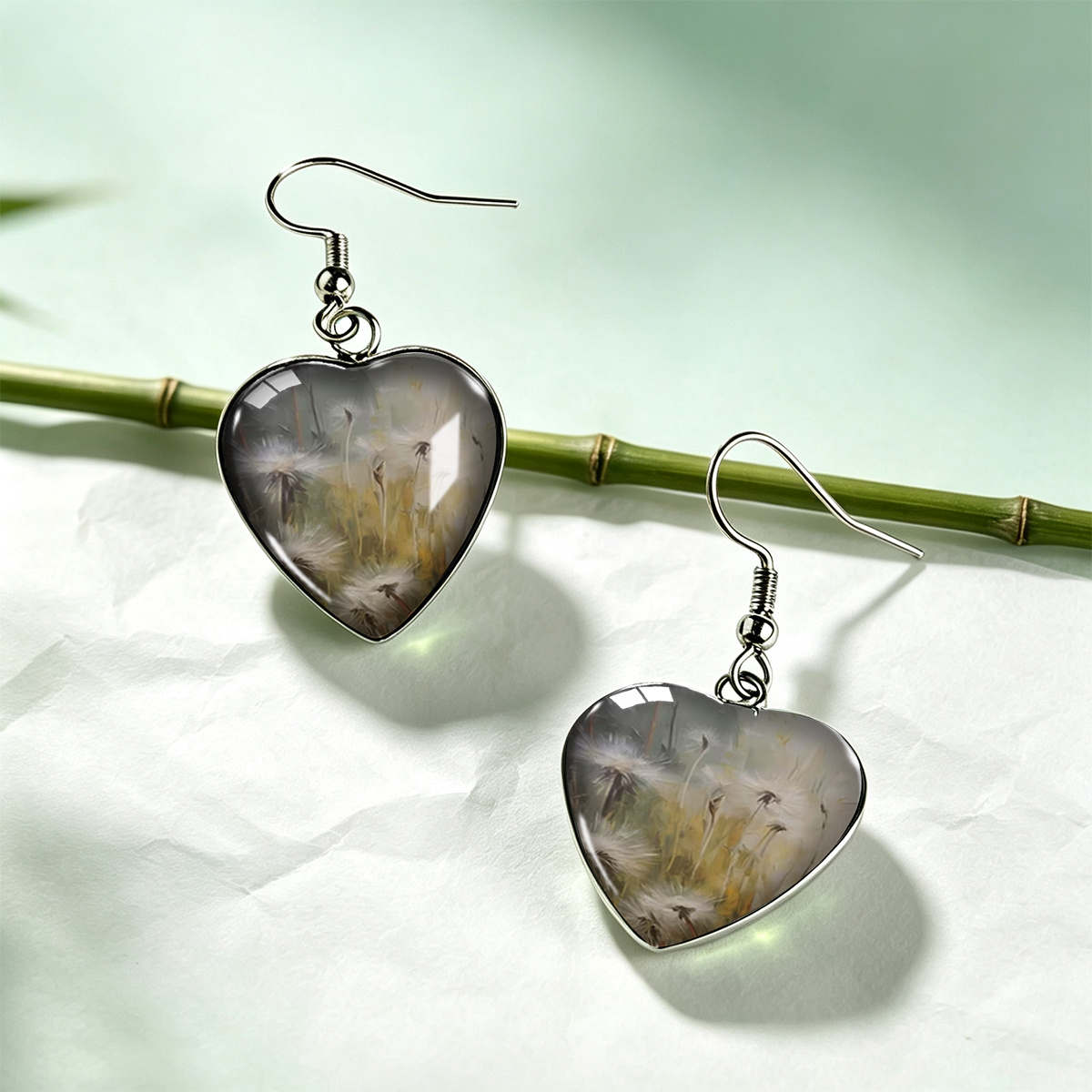 Hazy Mist-Like Dandelion Grass Heart-Shaped Earrings