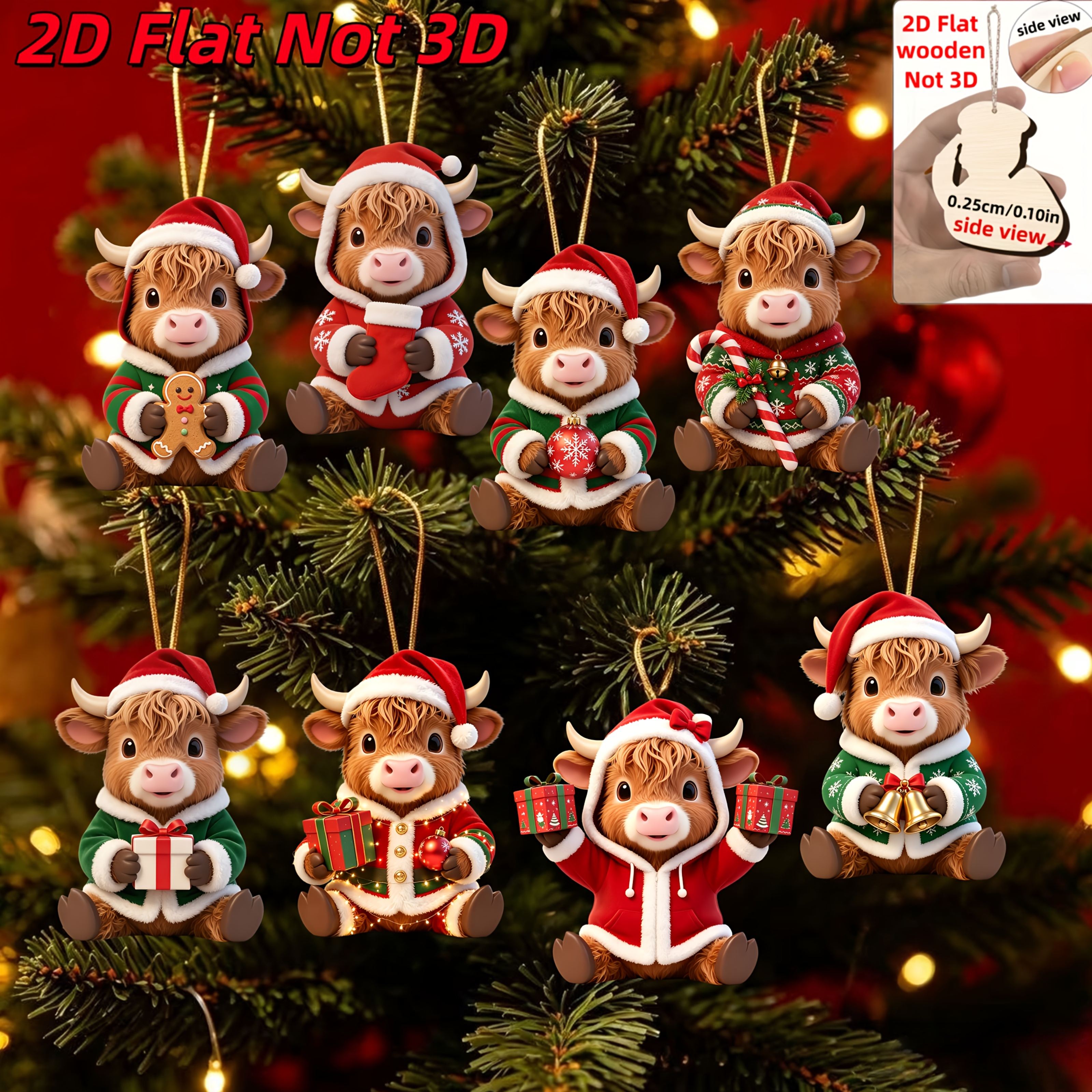 TEMU 2d Flat, 8pcs Set Of Highland Cow Wooden Christmas Hanging Ornaments, Featuring Highland Cows In Christmas Costume Designs. Christmas Tree