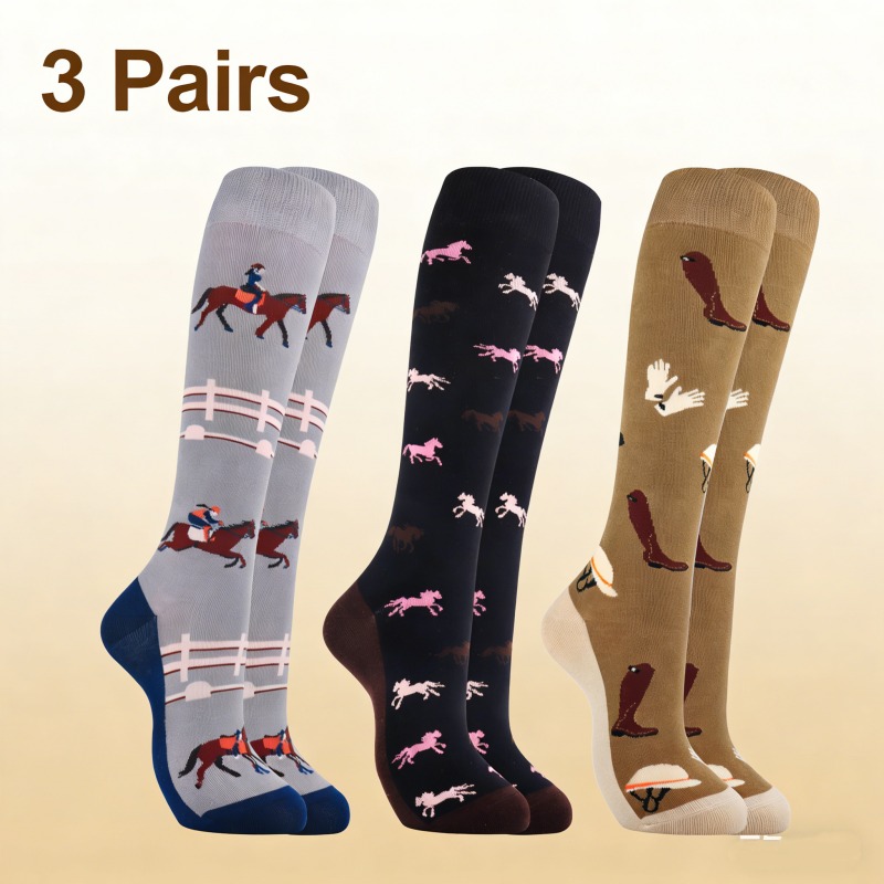 TEMU 3 Pairs Of Women's Riding Socks, Long Tube Socks Patterns, Perfect For Equestrian Enthusiasts, A Great Gift For Female Cowgirls