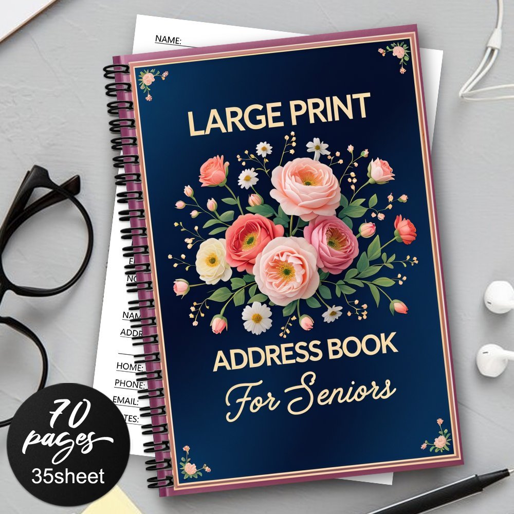TEMU 1pc Floral Address Book And Phone Contact Organizer - Elegant Dark Blue With Pink Roses, Spiral-bound Address Diary, Birthday Planner, Phone