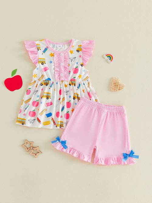 little girl back to school outfits pencil flying sleeve babydoll tops and bow ruffle shorts set of 2 outdoor