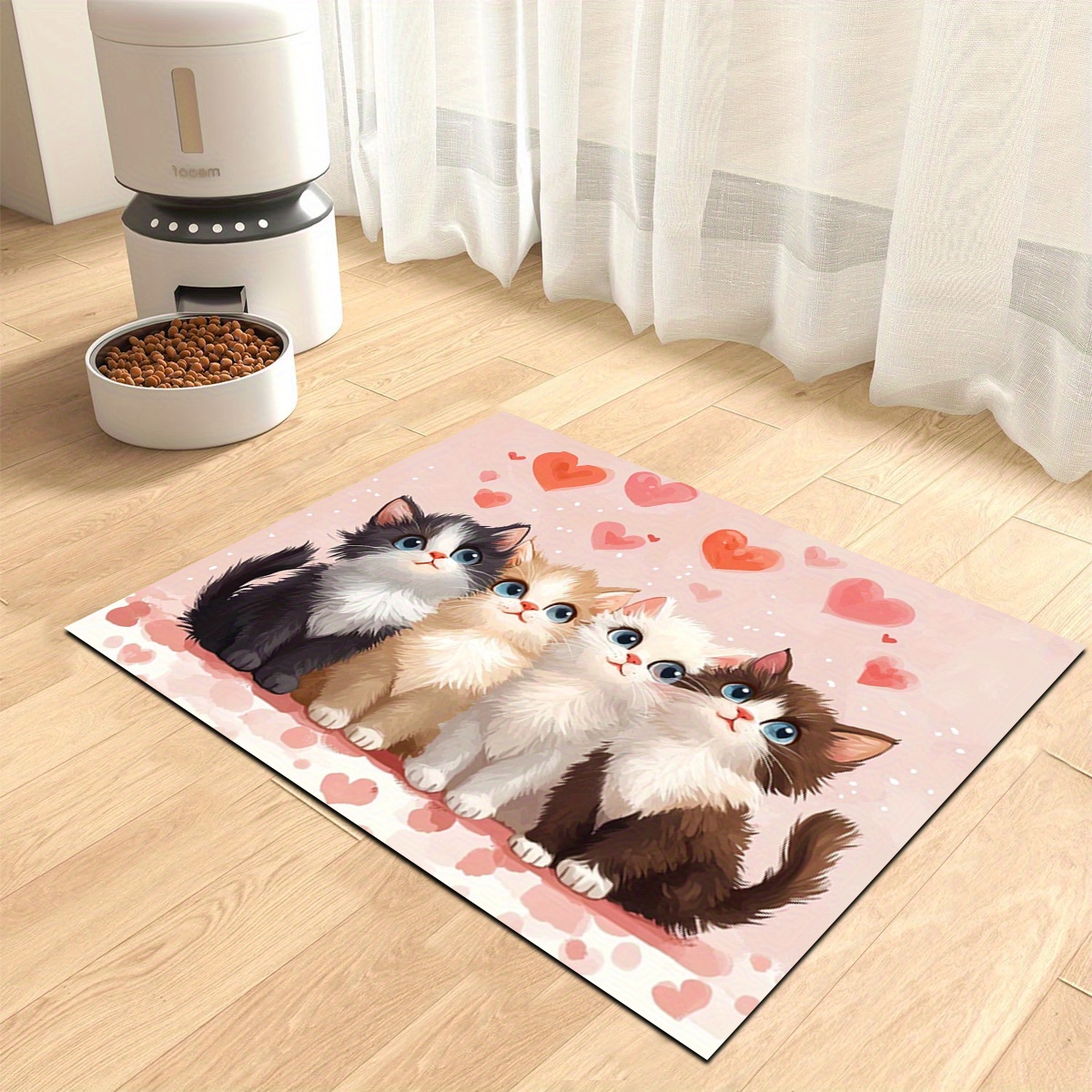 TEMU Pink Watercolor Painting Cat Pet Feeding Mat, Pet Feeding Floor Mat, Non-slip Floor Mat, Cat And Dog Food And Water Bowl Mat, Cat And Dog Water