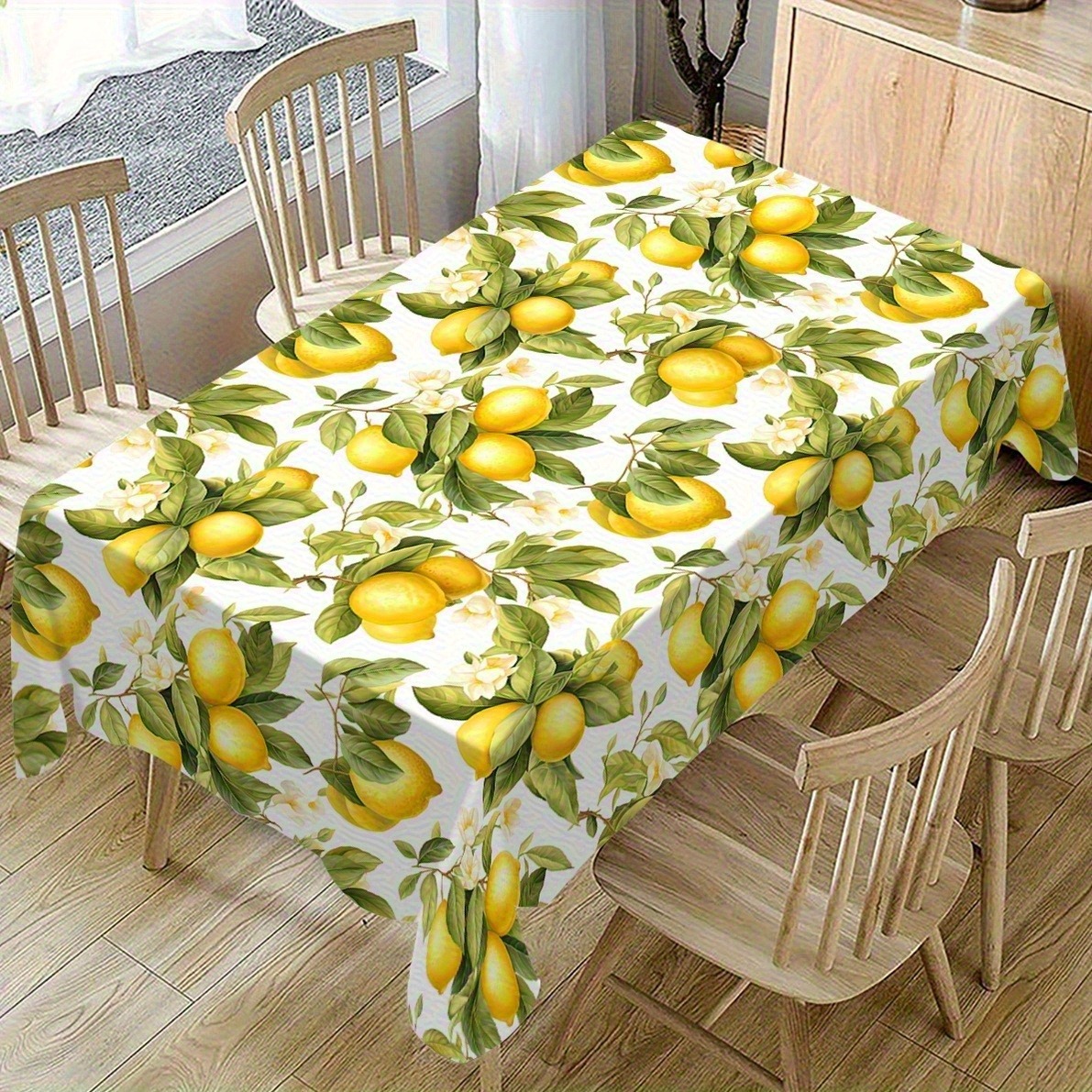 TEMU 1pc Single-sided Printed Lemon And Green Leaves Tablecloth, Optional, Machine Washable, Suitable For Kitchen, Restaurant, Party Decoration,
