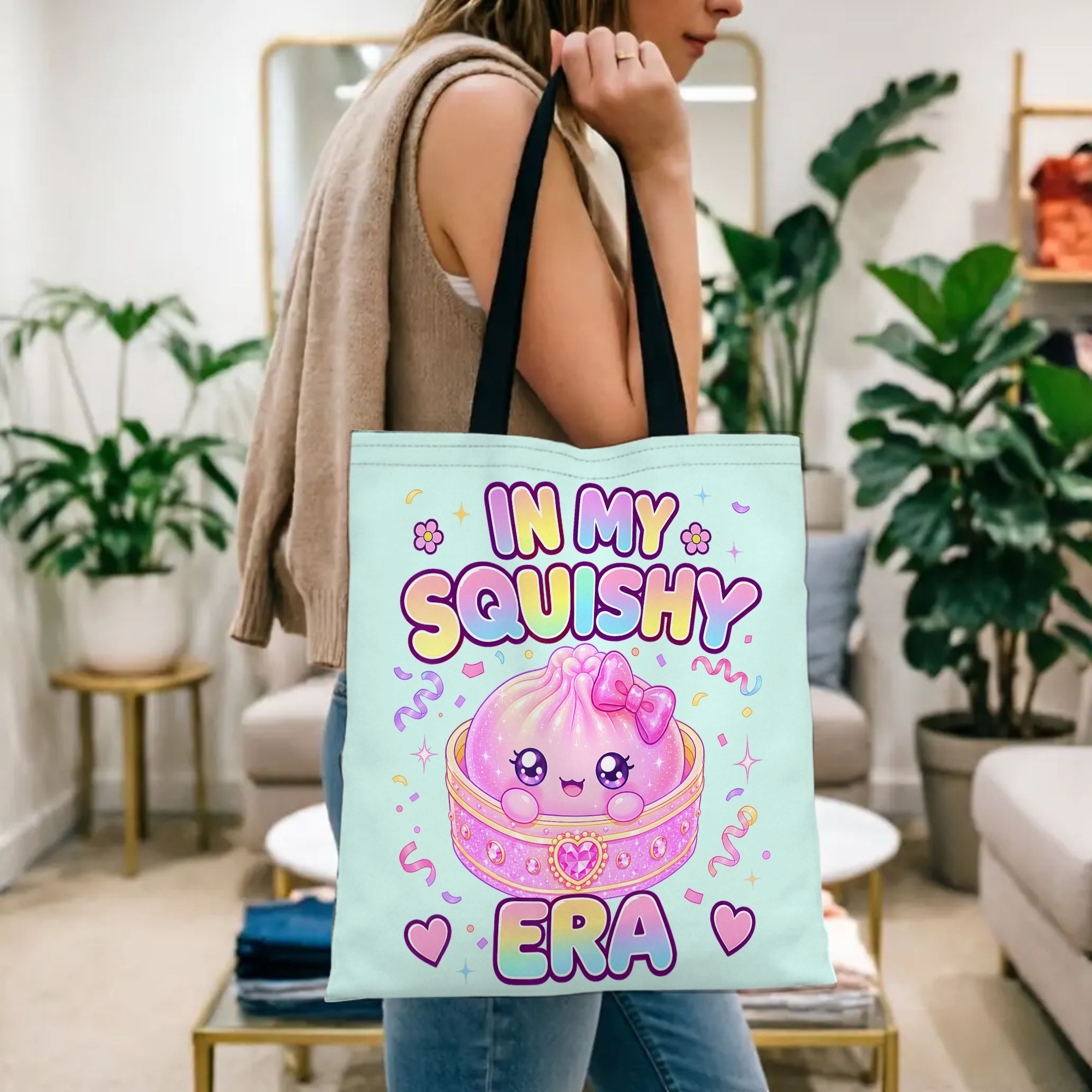TEMU 1pc Women' Large Capacity Kawaii Dumpling Tote Bag - Cute Era Foldable Book Bag Suitable For Travel,, Shopping, Gift For Book Lovers, Machine