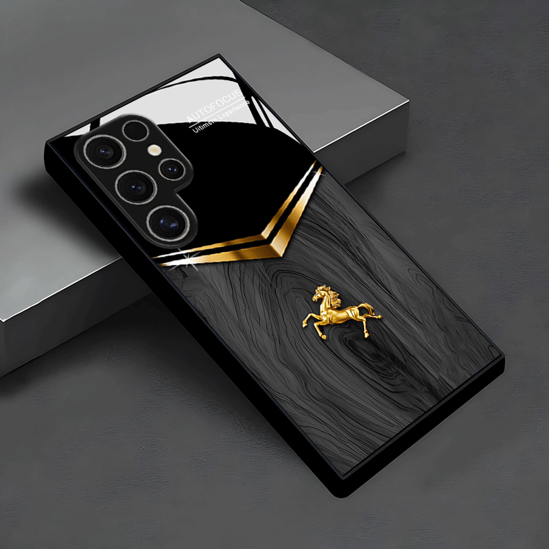 E-shop Handyhülle: Vielseitiges goldenes Pferde-Designmuster auf schwarzer strukturierter Glas-Handyhülle für for Samsung Galaxy S26/S25/S25 Plus/S25
