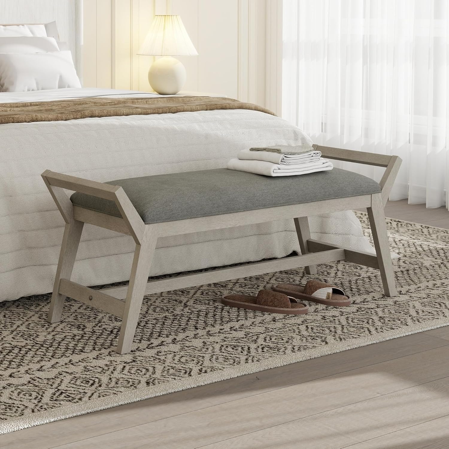 1pc 51Inch End of Bed Bench | Solid Wood Frame, Fabric Upholstered Ottoman Bench for Entryway, Bedroom, Hallway, Living Room, Modern Style