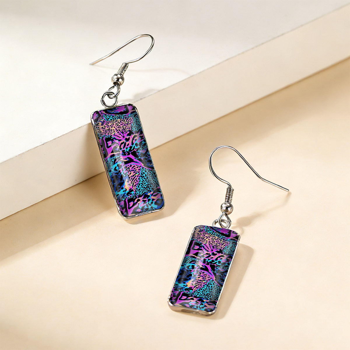 Purple, Blue, and Pink Iridescent Animal Texture Print Rectangular Earrings