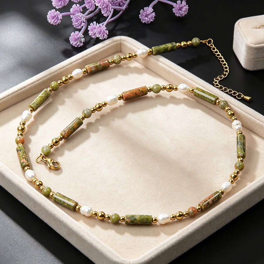 Women's Minimalist Cylinder Bead Necklace with Golden Accents