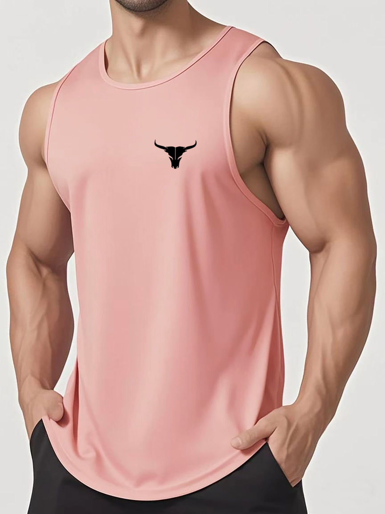 Men's Summer Athletic Tank Top - Breathable, Sweat Absorbent, Loose Fit Sleeveless Shirt for Gym, Training & Basketball - White with Black Bull Head Design, Gym Apparel | Sweat Absorbent Fabric, Gym Shirts