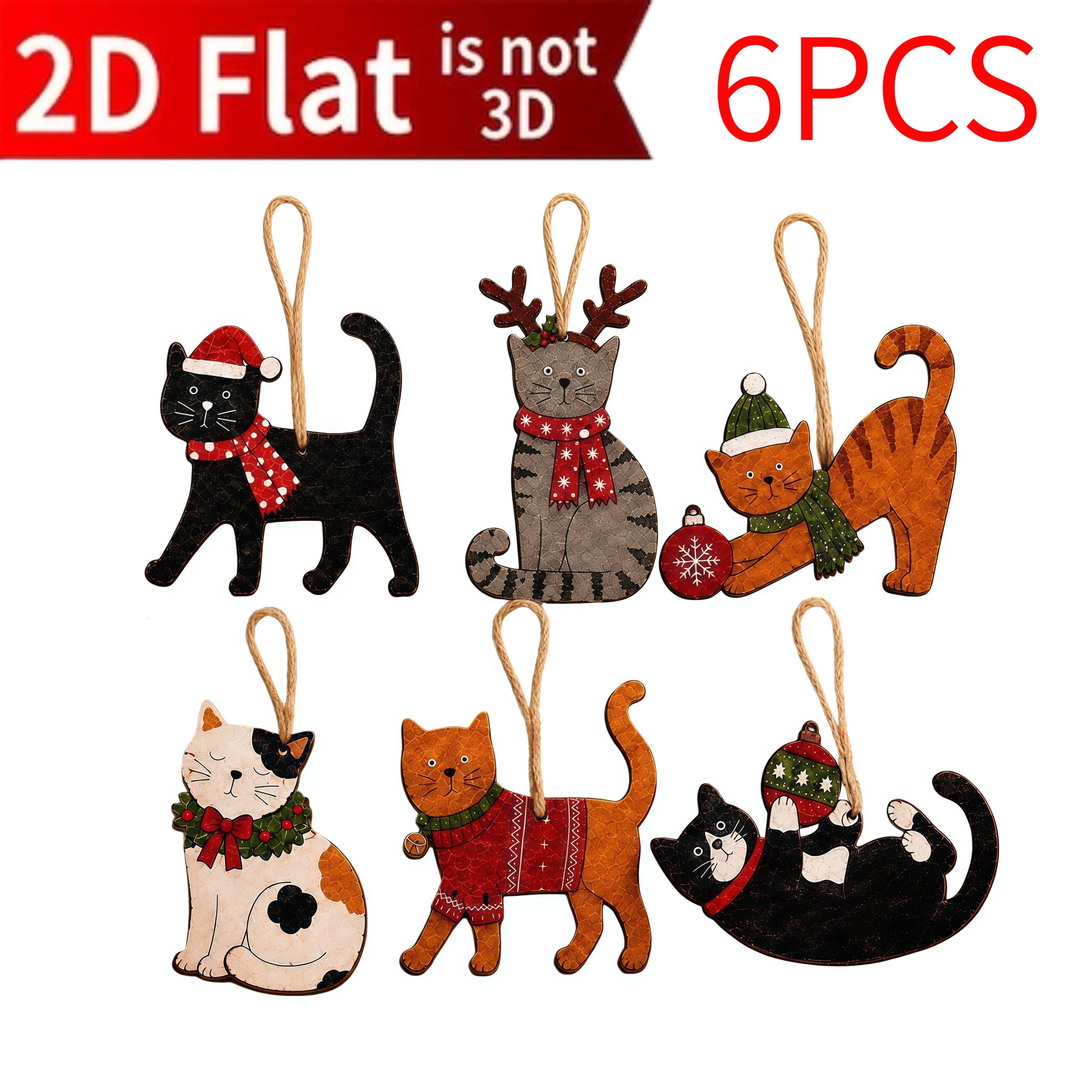 TEMU 2D, Juego de 6 piezas de adornos de madera para árbol de Navidad de gato, Juego de decoración colgante de gato con cuerdas para colgar,