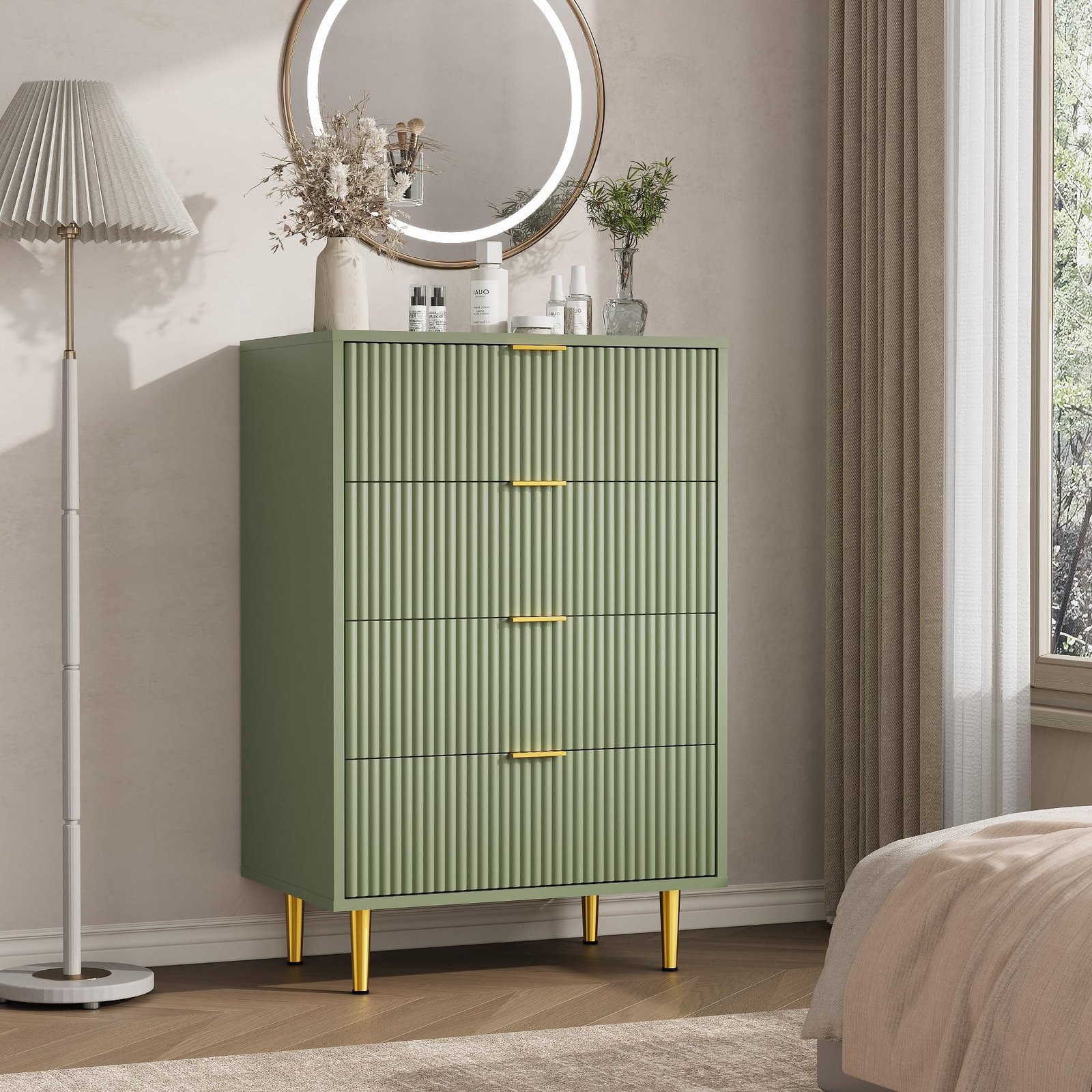 TEMU Single Piece Warm White 4-drawer Dresser Wave Textured Panel European Style Wooden Storage Cabinet Freestanding Organizer For Home Indoor Use