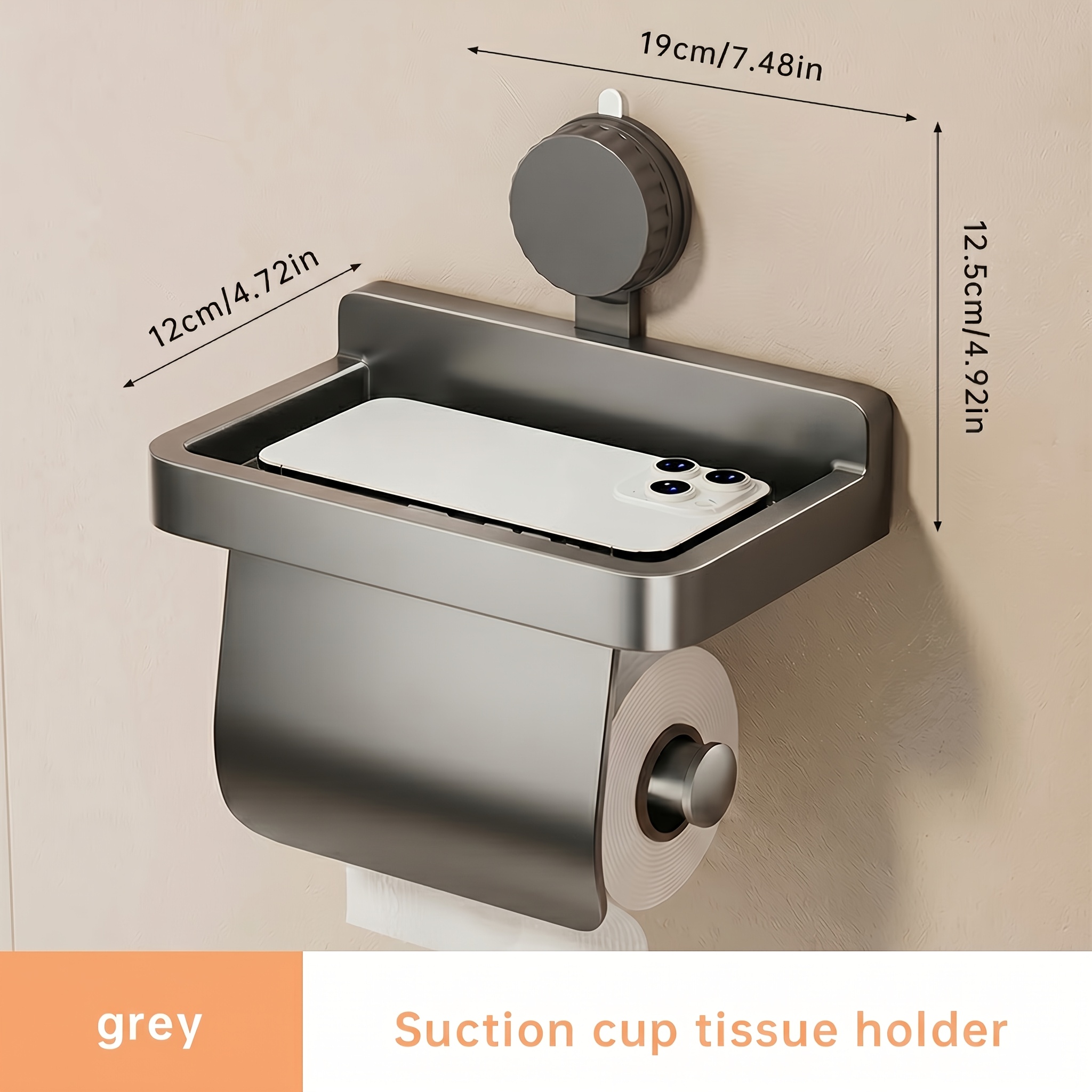 TEMU 1pc Wall-mounted Suction Cup Toilet Paper Holder, Gray Series, Compatible With Roll And Sheet Toilet Paper, No-drill Installation, Time-saving