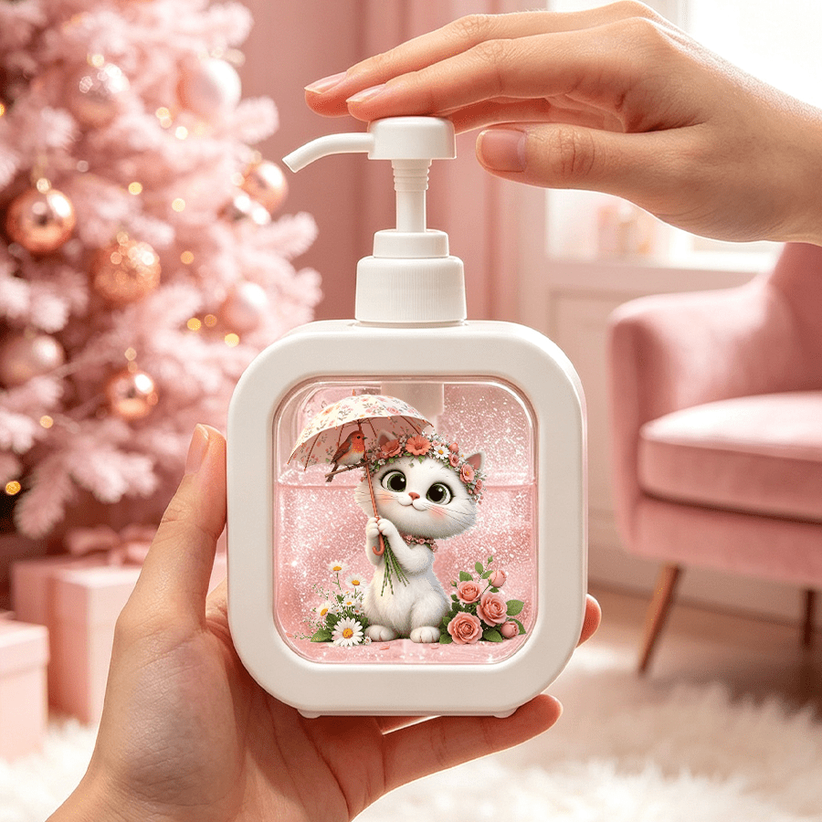 품목 사진 욕실 및 주방용 인쇄된 비누 디스펜서, 우산을 들고 꽃을 감상하는 고양이와 새가 함께하는 디자인, 누름식 및 수동 펌프식 디스펜서, 로션, 페이셜 클렌저, 바디워시, 샴푸, 세탁 세제 및 비누 분배용 투명 디스펜서, 크리스마스