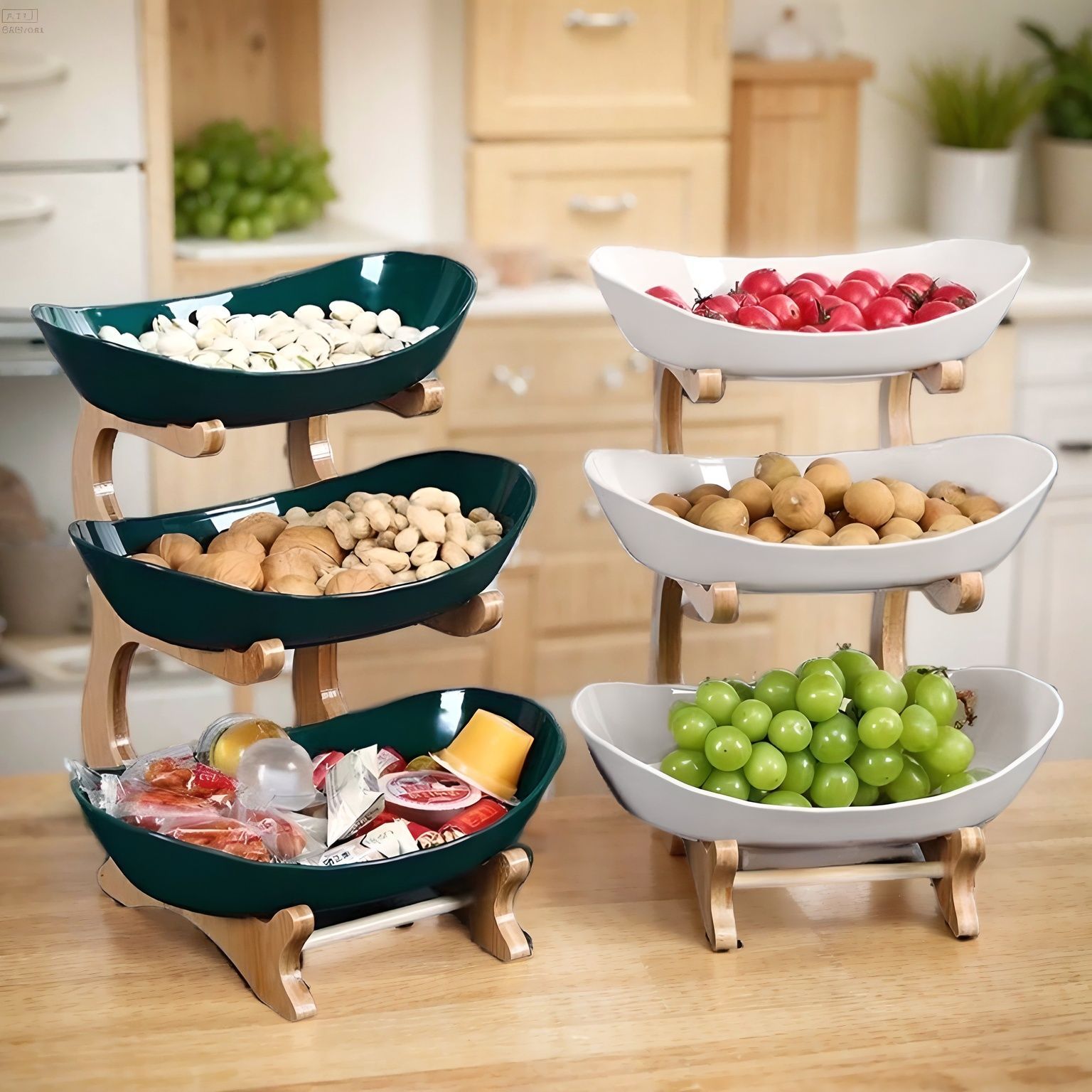 

Elegant 3-tier Bamboo Wood - & Rust Resistant, Multi-functional Display Tray For Home & Kitchen, Ideal For Fruits, Nuts, And Snacks, With Accents