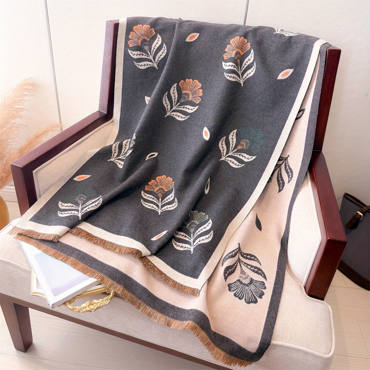 1pc IROJEFF ' Elegant Pashmina Shawl Wrap - Soft Thick Winter Scarf & Shawl with Gray & Orange Leaf Print, Tassels - Warm Cozy Outfits for Outdoors, Parties, Travel - Luxury Jacet Compatible Accessory (Hand/Dry)