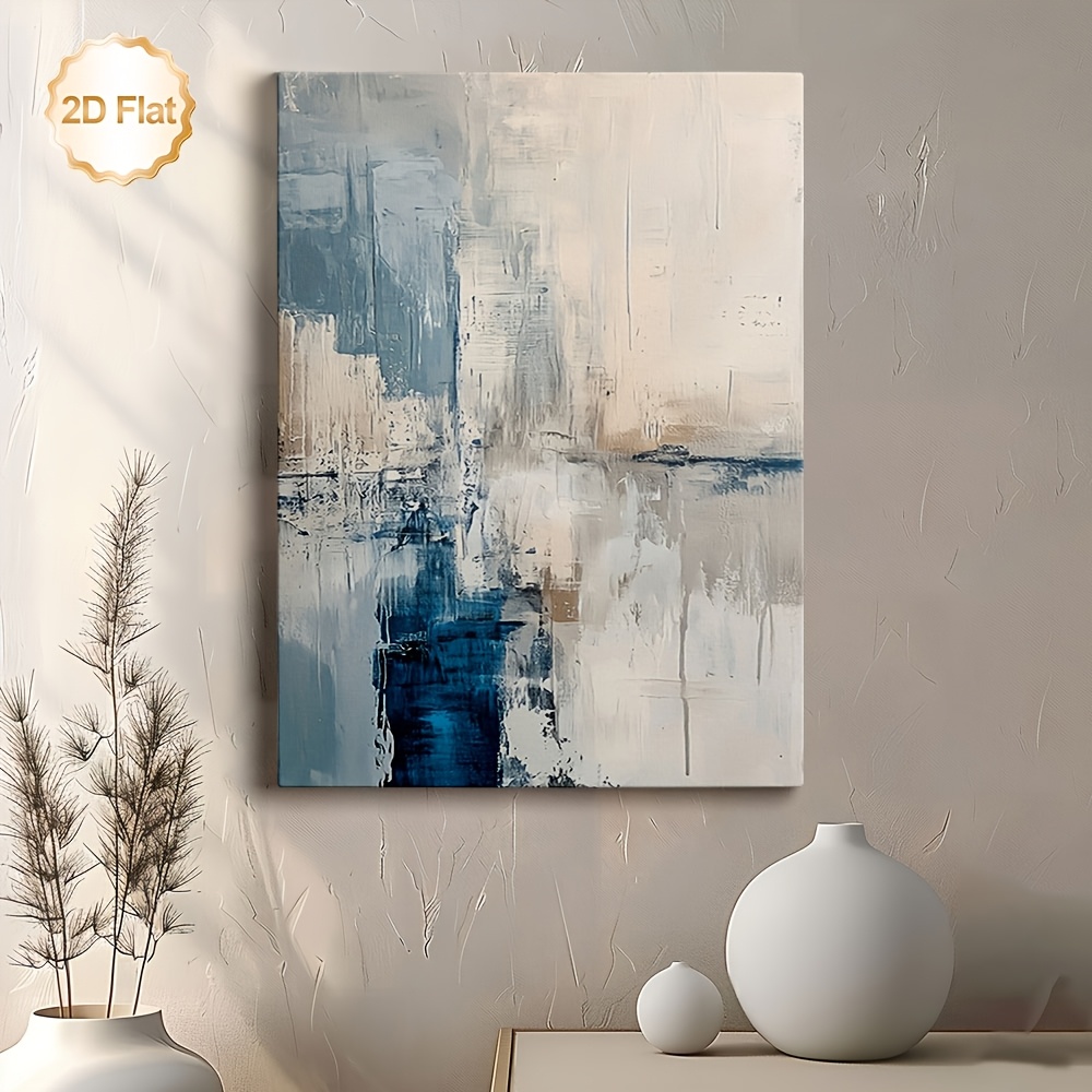 TEMU 2d Flat, 2d Flat, Framed 2d Canvas Art Featuring Abstract In Blue, Gray, And Beige, Perfect For Decorating Living Rooms, Bedrooms, Offices,