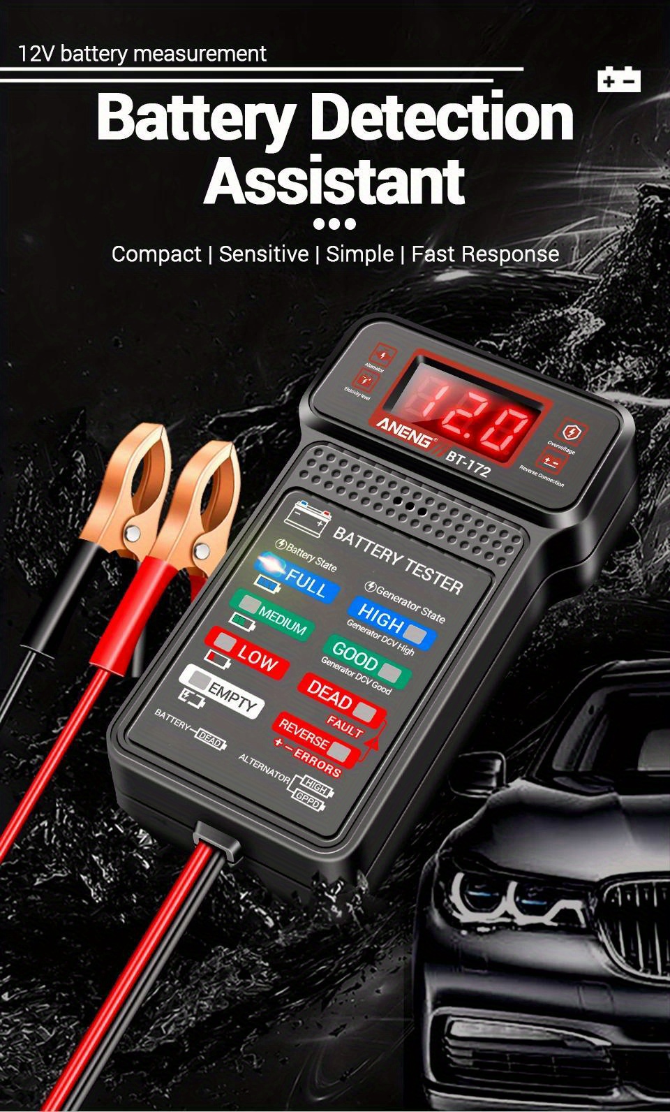 bt 172 12v car battery tester with led display multiple functions reverse polarity protection overvoltage protection alarm   battery   indicator charge system analyzer no battery needed battery analyzer digital monitor panel reverse polarity protection car battery tester Product details 1
