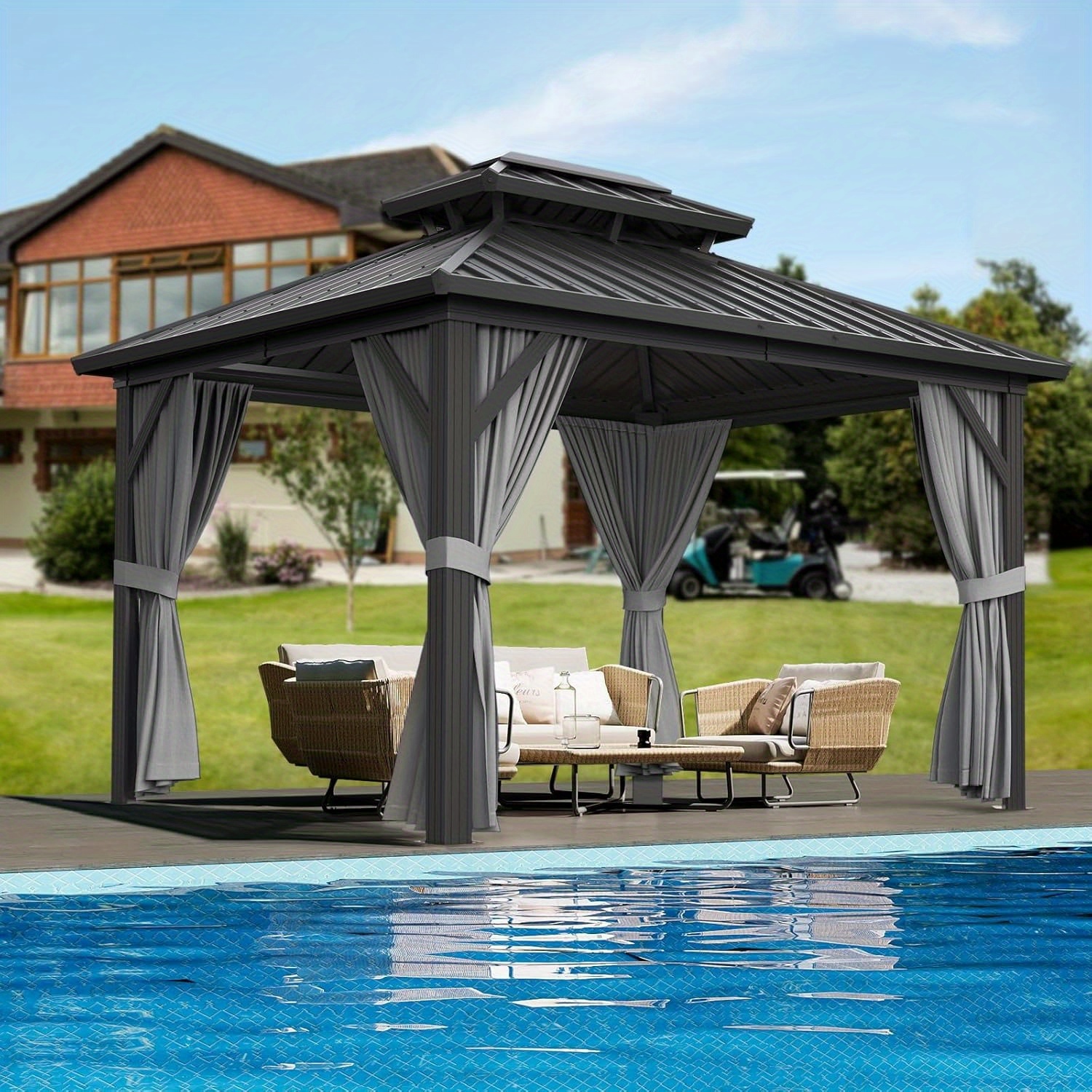 Hardtop Gazebo - 13' X 10' Outdoor Pc Roof Gazebo with Aluminum Frame, Double Roof Canopy with Mesh and Curtains for Backyards, Patios, Lawns, Suitable for All Seasons and All Weathers