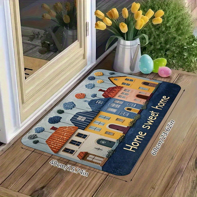 Image of 1pc House Welcome Pattern Door Mat - Soft Flannel, Non-slip And Machine Washable, Vibrant , Perfect For Entrance, Living Room, Hallway, Bedroom, Bathroom, Kitchen, Laundry Room - Rectangular Home