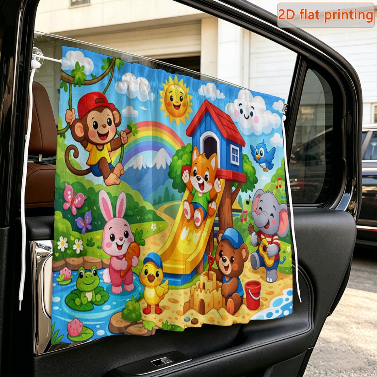 TEMU 1pc 2d Flat Cute Fun Multi-print Car Window Curtain, Suction Cup Style Sunshade (additions Included), , Adjustable Cords, Fits Most Car Models,