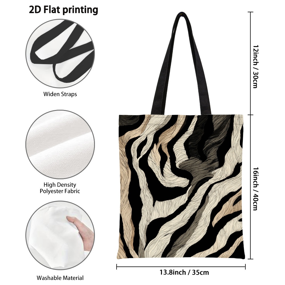 TEMU 1 ud. Elegante bolso tote de lona con diseño de ondas y rayas de cebra, bolsas de compras reutilizables con impresión 2D , espacioso bolso de