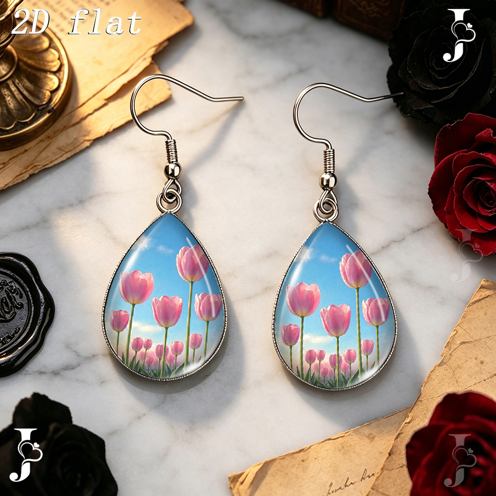 Teardrop Dangle Earrings with Pink Tulip Flower Pattern