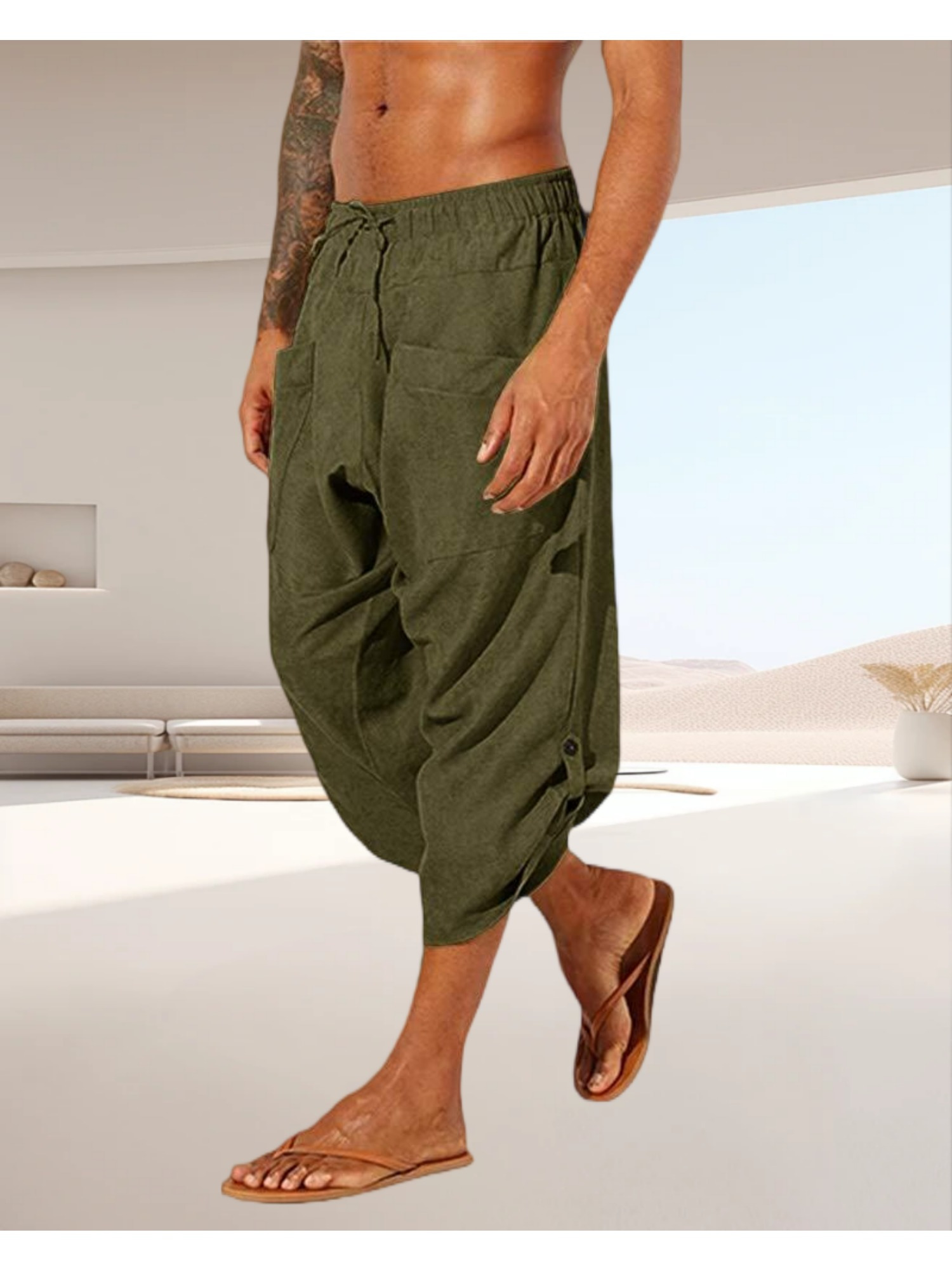 mens linen harem capri pants drawstring 3 4 shorts casual   hippie thai pants