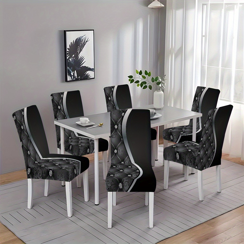 

2/4/6pcs Modern Black Grid Pattern Stretch Printed Chair Covers, Hand Washable Polyester Fabric With Band Closure, Digital Printing, 120-140g Square Gram Weight - Home, Hotel, Dining Room Decor