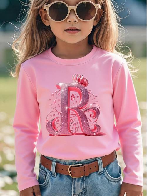 Artikelbild langarm-t-shirt für mädchen mit bedrucktem design – ohne textur, 2d-gedrucktes modisches oberteil mit rundhalsausschnitt