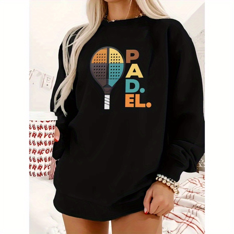 

Women's Chic Green Padel Racket Graphic Sweatshirt - Cozy Polyester Crew Neck, Casual Fit For Fall & Spring, Machine Washable