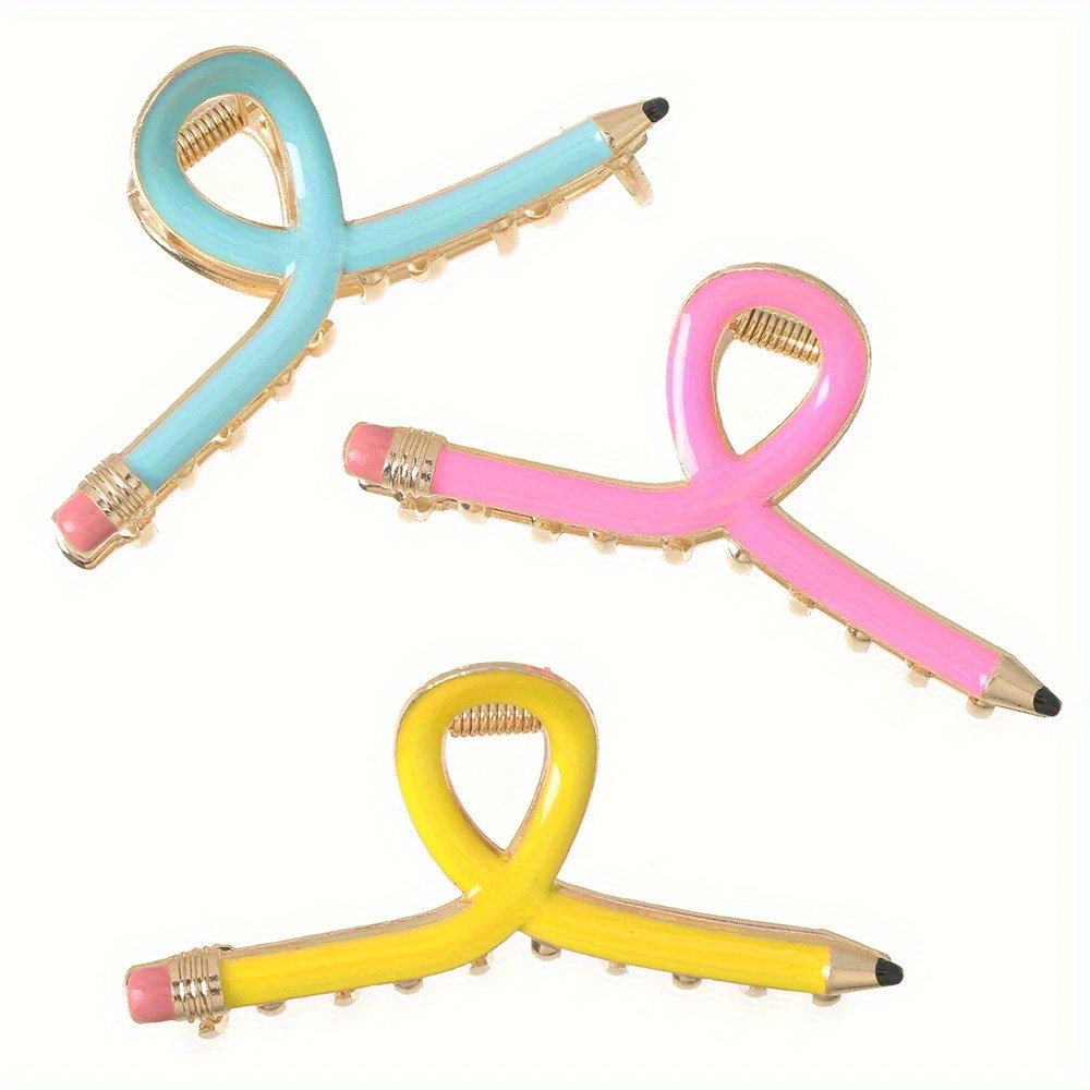 TEMU 3pcs Set Of Women's Pencil Hair Clips - , Pink, Light Blue, Made Of Metal, Suitable For Thick Hair, Teacher's Day Gift, Party And Christmas
