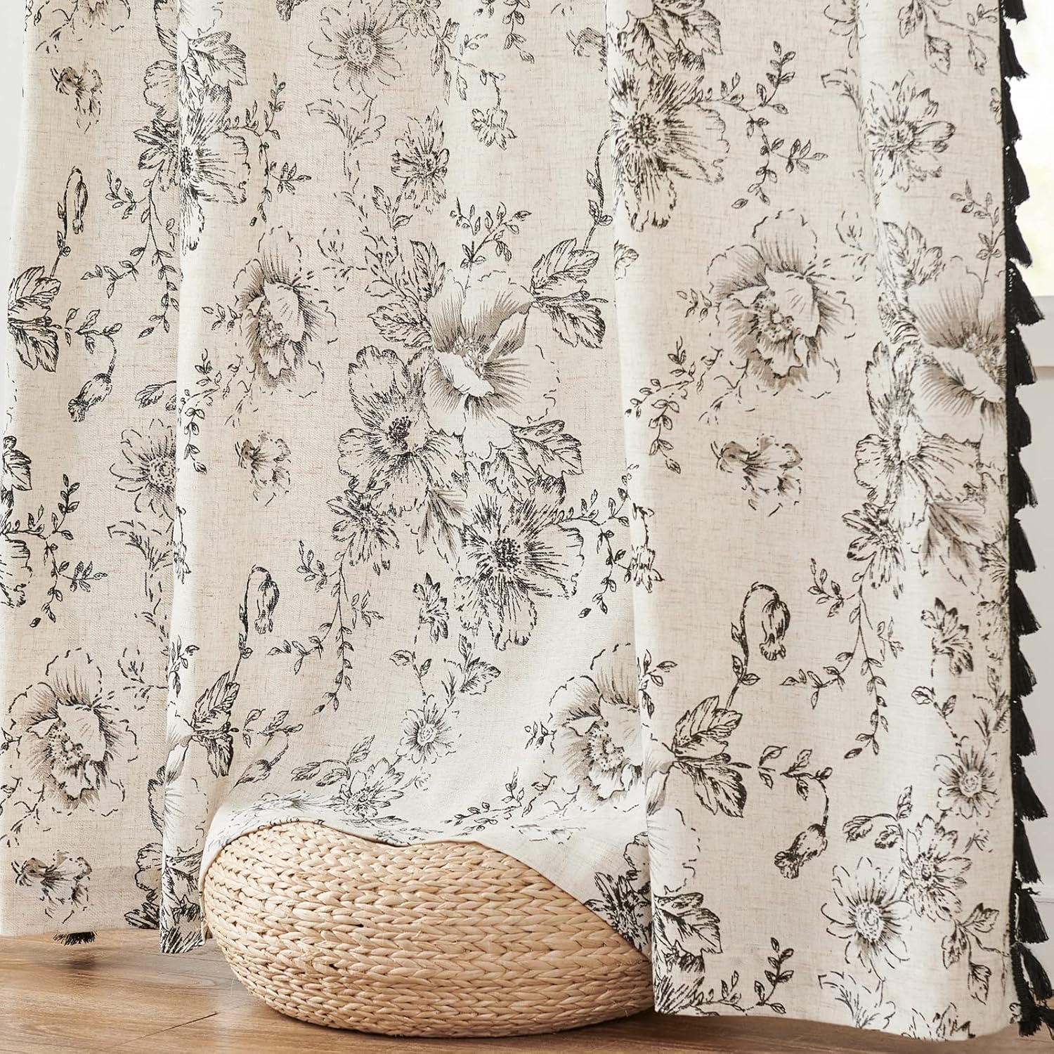 TEMU 1pc Of Textured Printed Curtain With A , Weighing 160 Grams, Blackout Privacy Curtain, Digital Printed Curtain, Black Floral Curtain