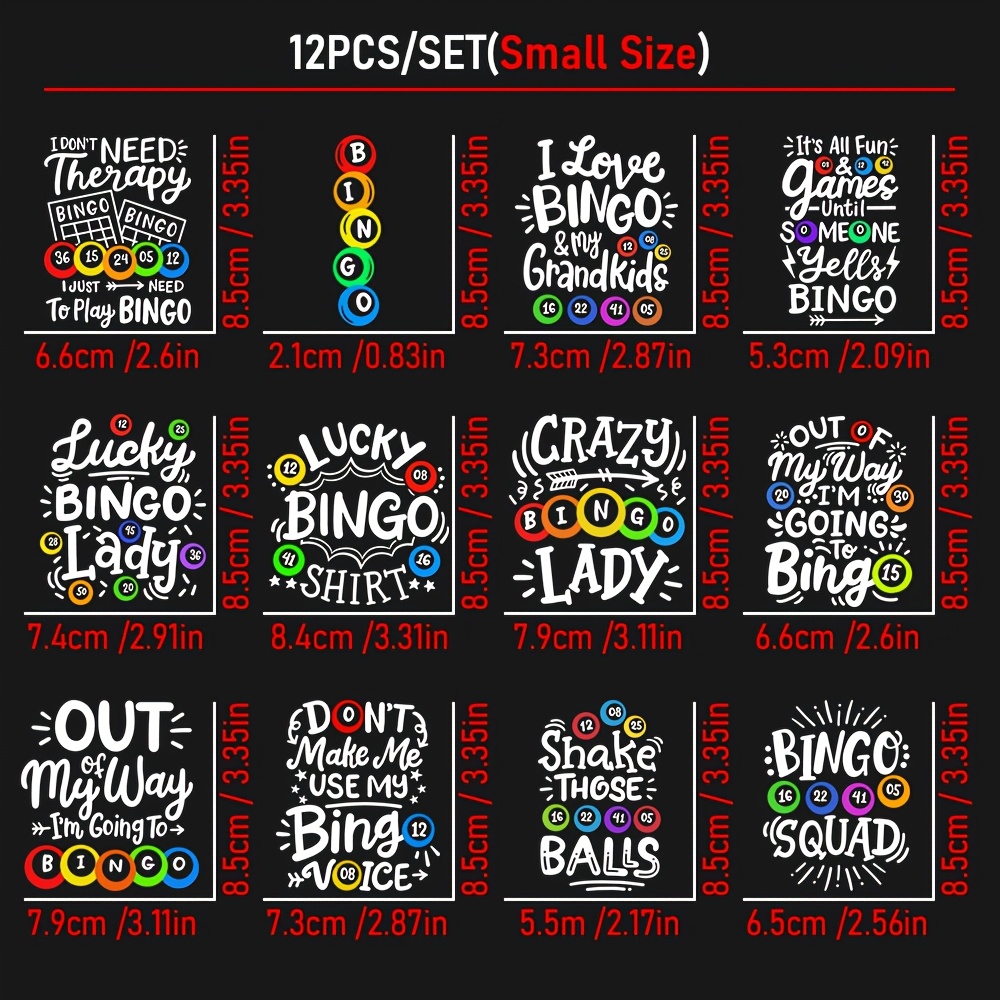TEMU 12-pack Bingo Heat Transfer Stickers - No Sewing Required, Featuring Bingo Numbers 1-90, Phrases, And Bingo Icons, Suitable For T-shirts, Fabric