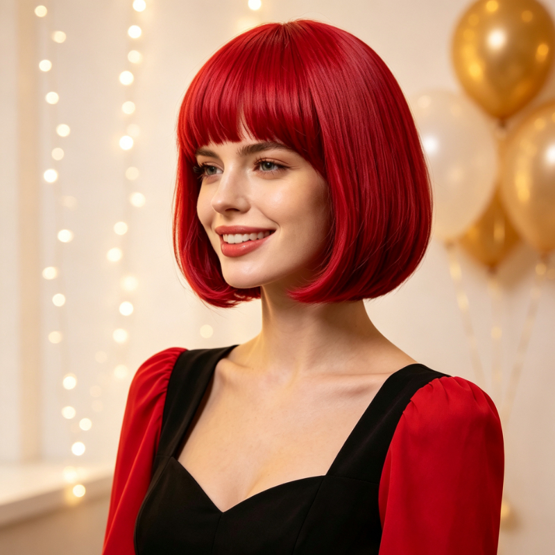 TEMU Classic Short Women's Wig With Straight Bangs, In Multiple Colors Including , Rose Red, , Solid Black, And . Suitable For Outfit Themes And