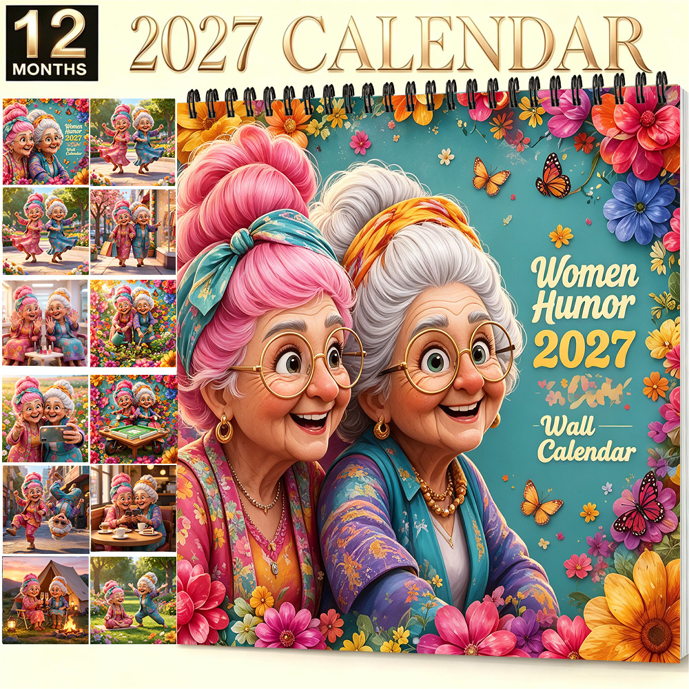 TEMU 2027 Wall Sticker Calendar 21.08x21.08cm Ladies Humorous Fun Cute Old Lady Pattern Flower Art Monthly Calendar Home Office Storage Christmas